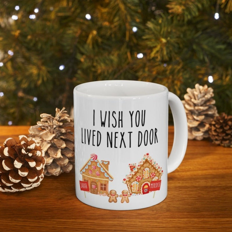 Tailorly White Ceramic 11 oz Mug - I Wish You Lived Next Door Festive Christmas Scene With Sweet Candy Decorations And Decorated Gingerbread House
