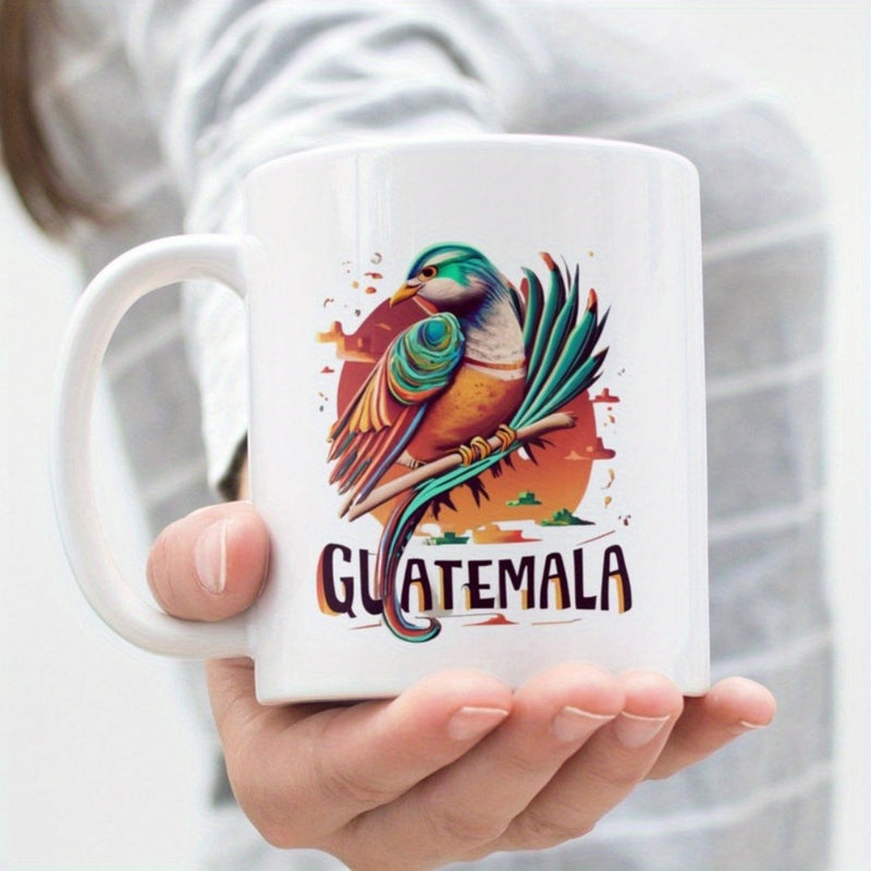 Tailorly White Ceramic 11 oz Mug - Guatemala Colorful Quetzal Perched On Branch With Tropical Sunset Background Bird