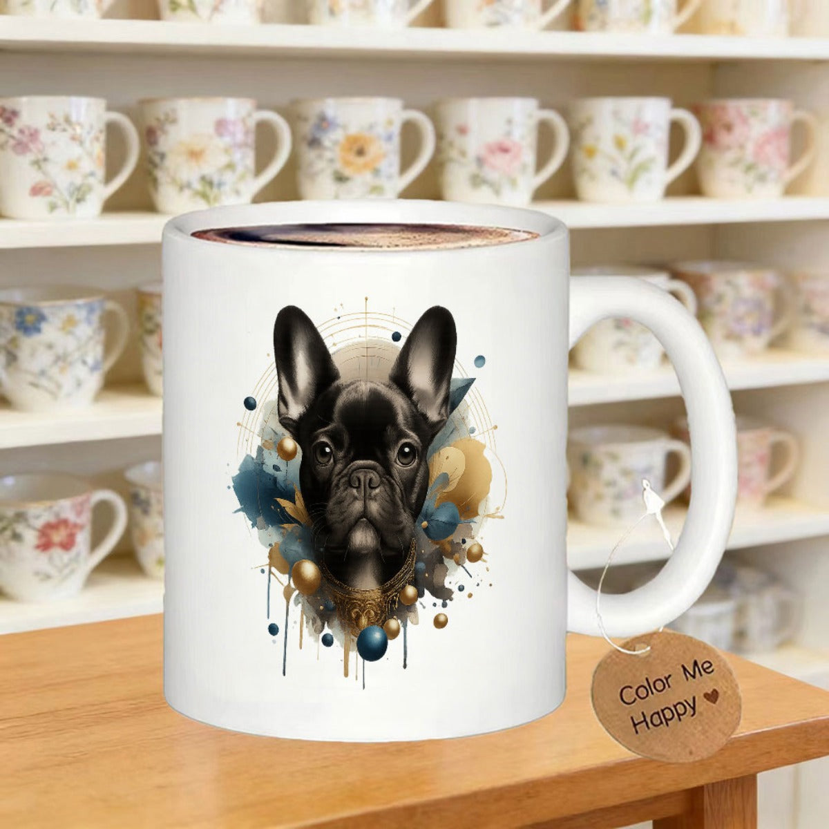 Tailorly White Ceramic 11 oz Mug - Color Me Happy Artistic Watercolor Splashes Surrounding A Portrait Of An Elegant French Bulldog Dog
