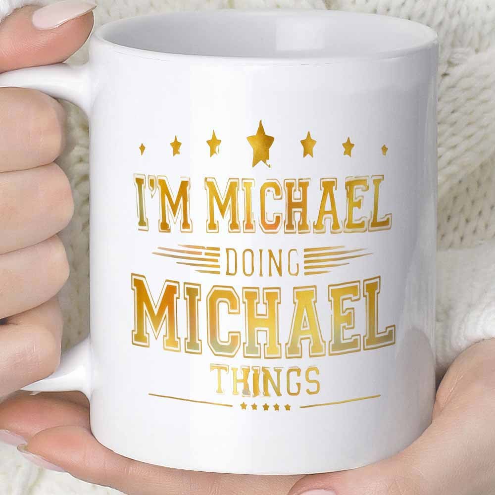 Tailorly White Ceramic 11 oz Mug - Im Michael Doing Michael Things Elegant Golden Stars With Decorative Horizontal Lines On