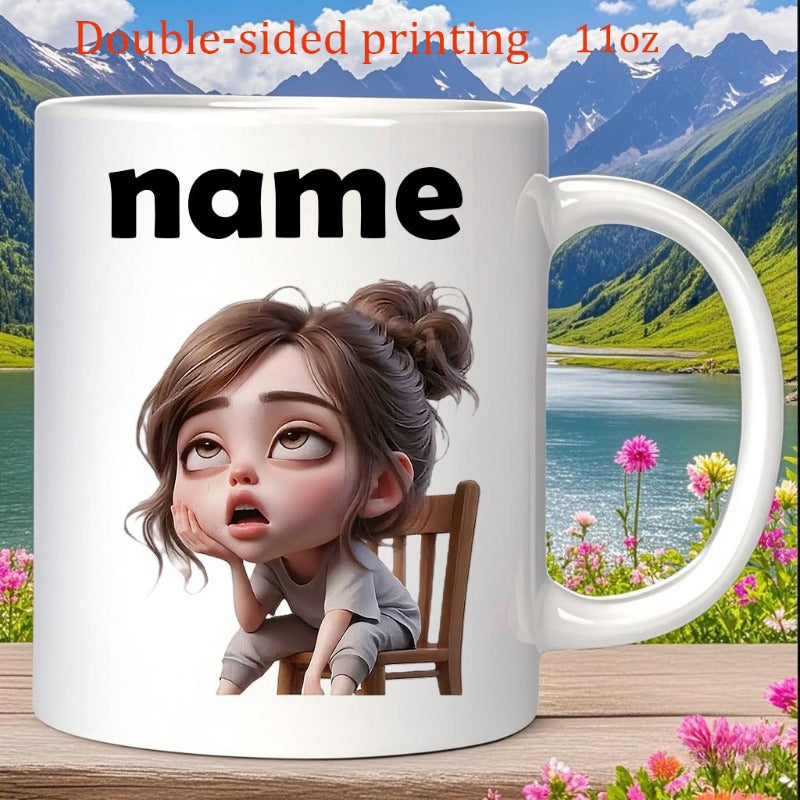 Tailorly White Ceramic 11 oz Mug - Name Tired Cartoon Girl Sitting On A Chair Looking Very Exhausted Girl