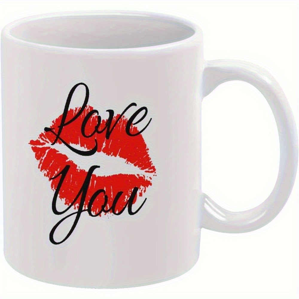 Tailorly White Ceramic 11 oz Mug - Love You Vibrant Red Lipstick Kiss Mark With Elegant Black Script Lettering Mug