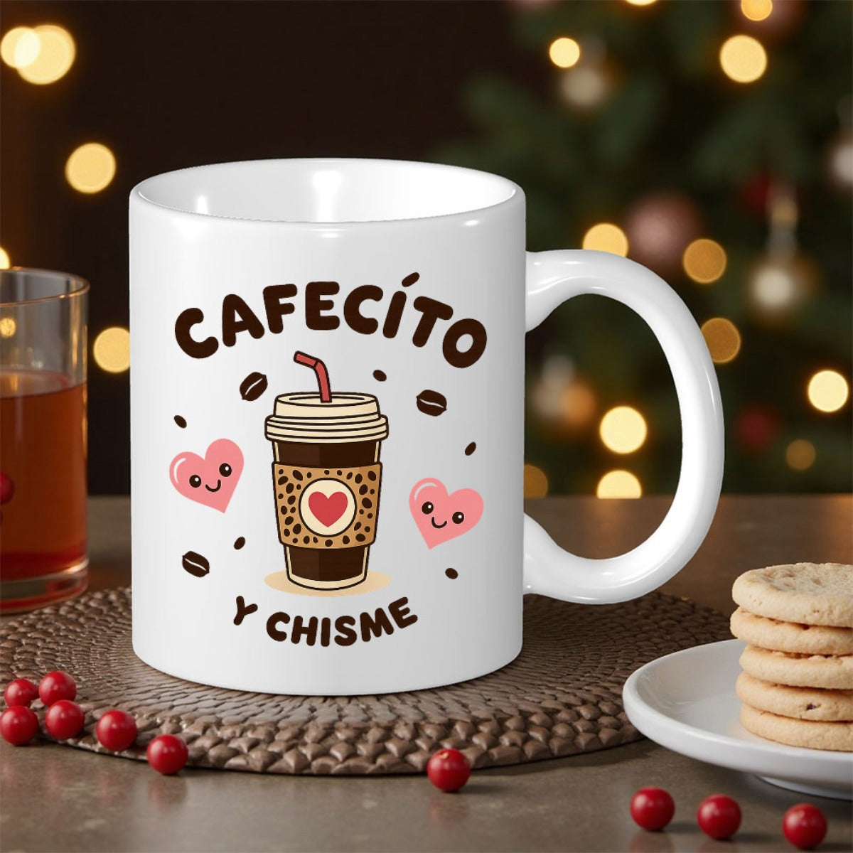 Tailorly White Ceramic 11 oz Mug - Cute Smiling Pink Hearts Floating Beside A Brown To Go Cup