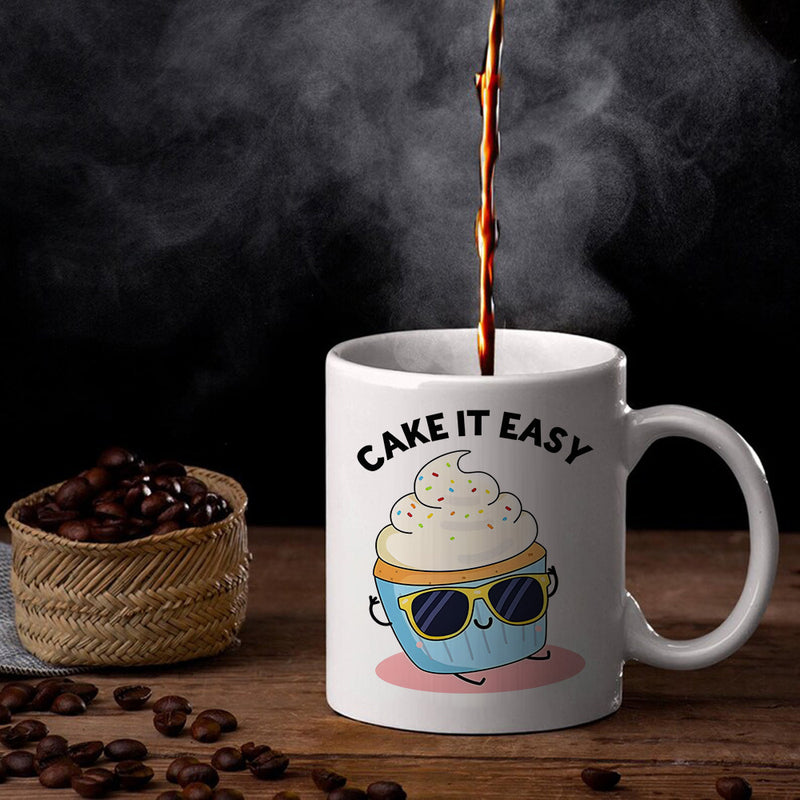 Tailorly White Ceramic 11 oz Mug - Cake It Easy Adorable Blue Cupcake Wearing Cool Sunglasses Resting On Pink Base Cupcake