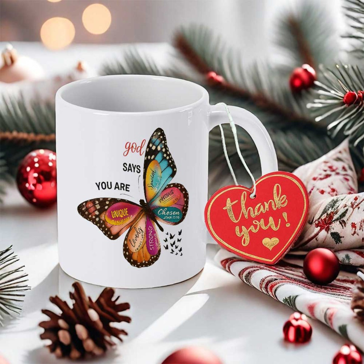 Tailorly White Ceramic 11 oz Mug - God Says You Are Vibrant Colorful Wings Featuring Inspirational Words Flying Near Christmas Ornaments Butterfly
