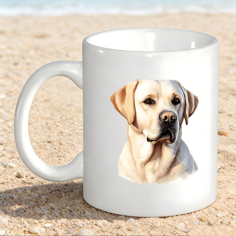 Tailorly White Ceramic 11 oz Mug - Realistic Portrait Of A Loyal Yellow Breed Under Warm Gentle Sunlight Labrador