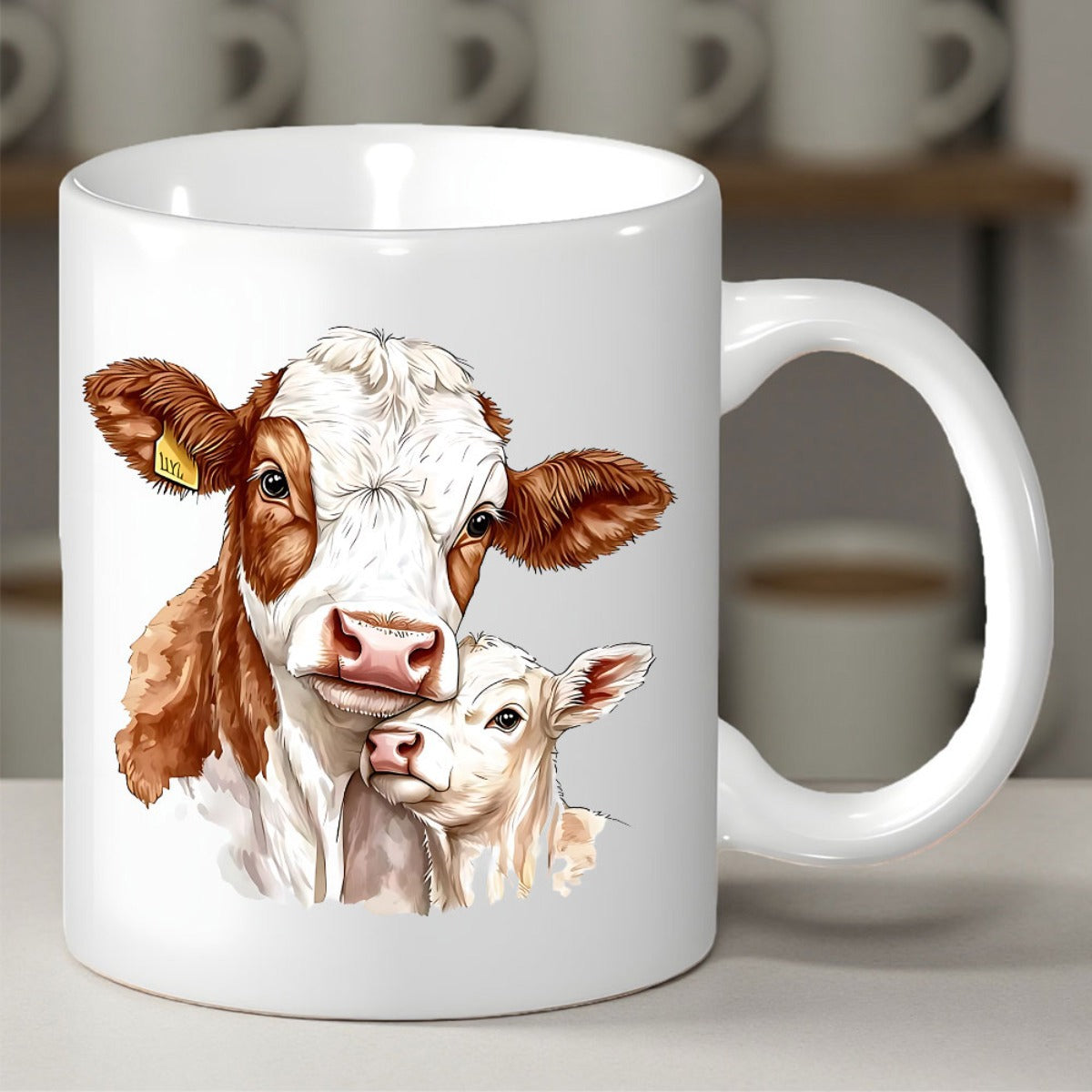 Tailorly White Ceramic 11 oz Mug - Brown And White Speckled Farm Animal Pair With Gentle Eyes Cow