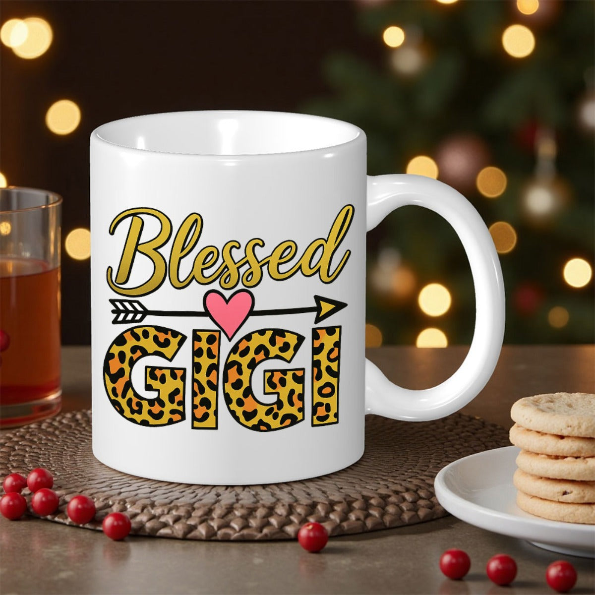 Tailorly White Ceramic 11 oz Mug - Blessed Gigi Stylish Leopard Pattern With Heart Arrow Under Elegant Script Lettering Heart Arrow