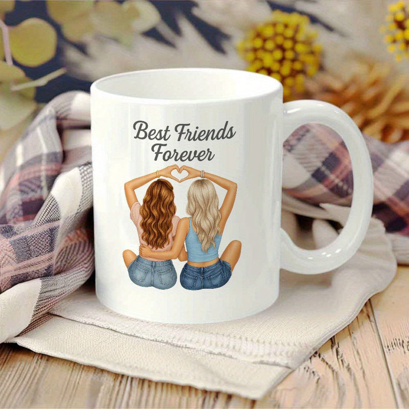 Tailorly White Ceramic 11 oz Mug - Best Friends Forever Two Girls Sitting Side By Side Forming A Heart Shape Friends