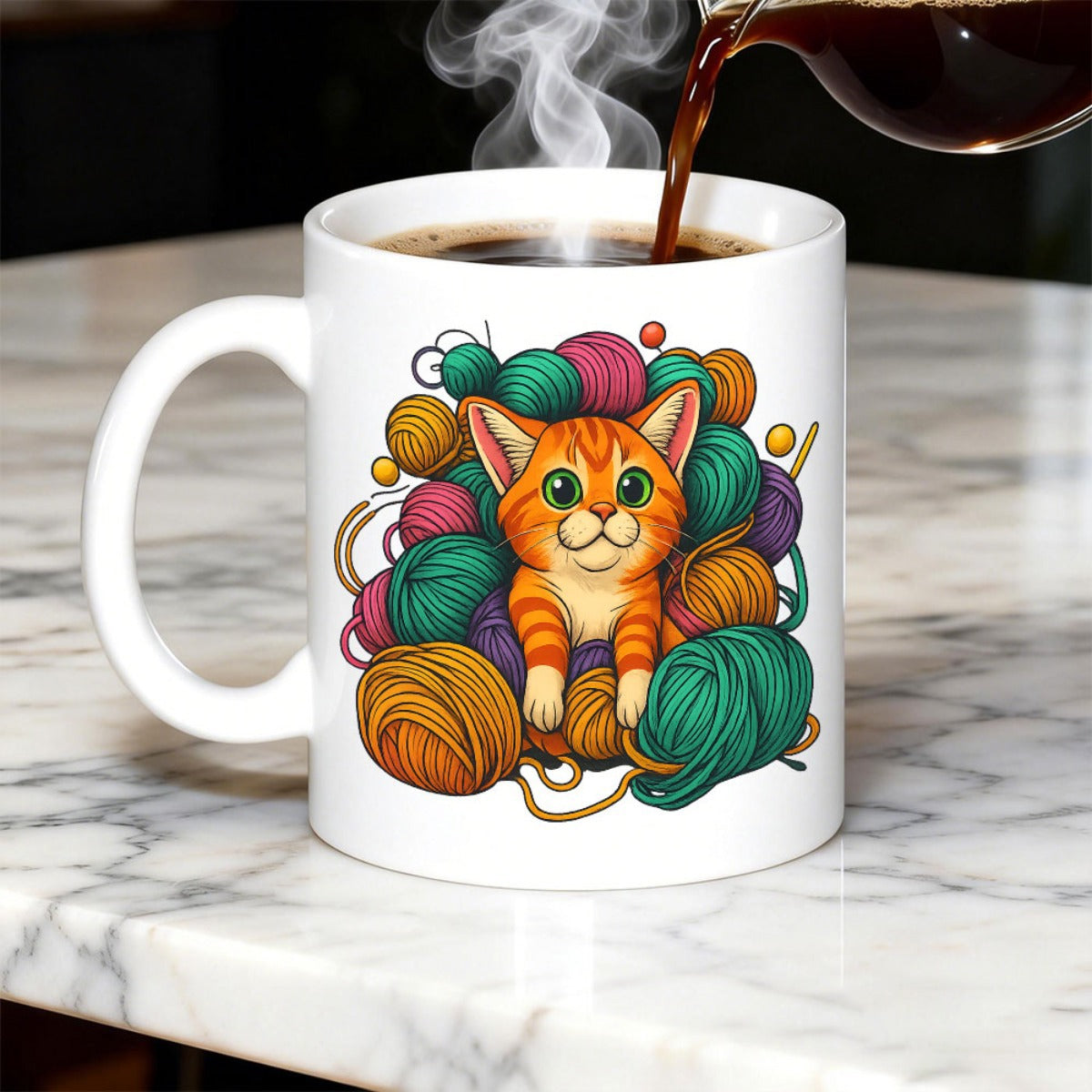 Tailorly White Ceramic 11 oz Mug - Playful Ginger Kitten Sitting Among Vibrant Colorful Tangles Of Soft Yarn Cat