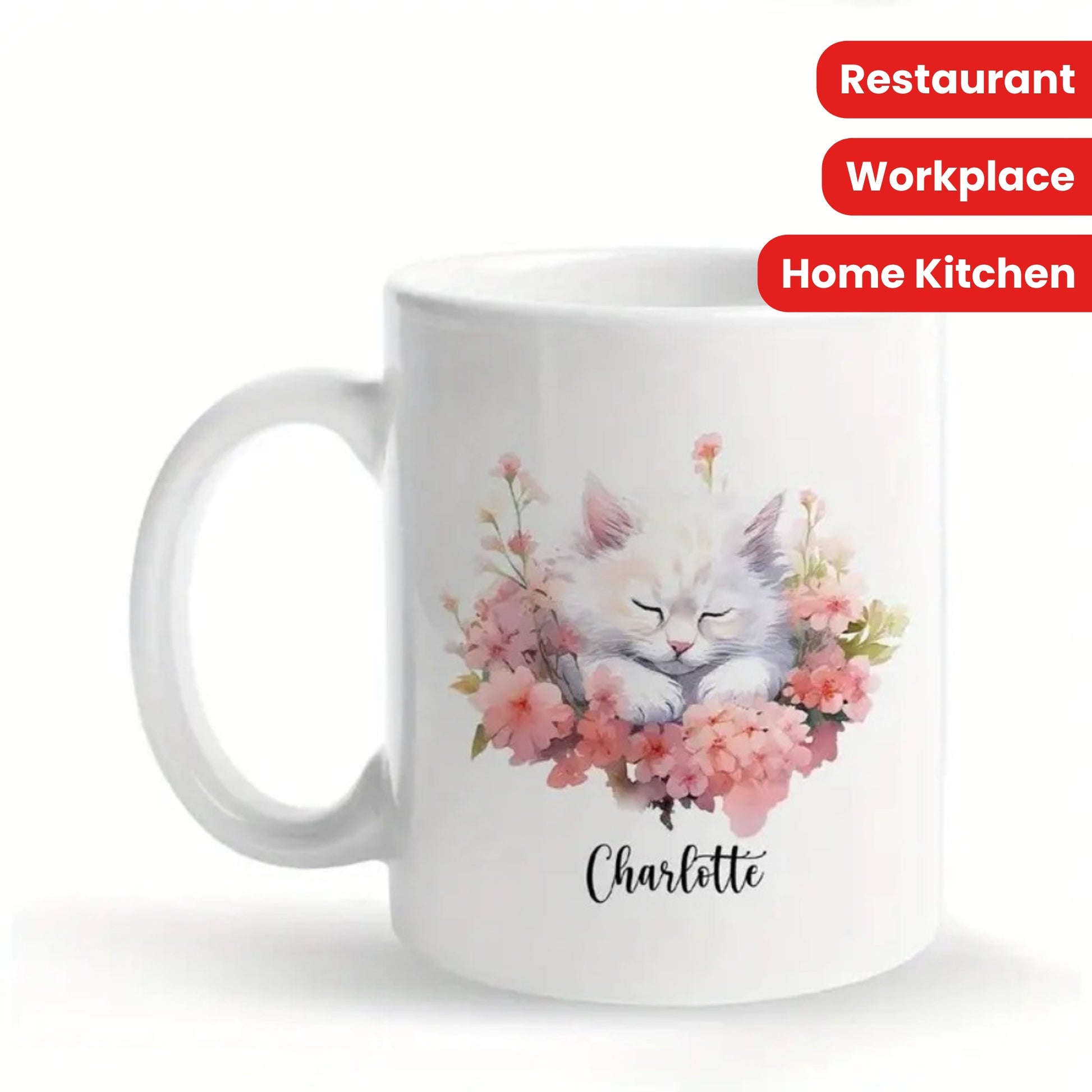 Tailorly White Ceramic 11 oz Mug - Charlotte Gentle Sleeping White Cat Among Delicate Pink Watercolor Blossoms And Leaves Cat