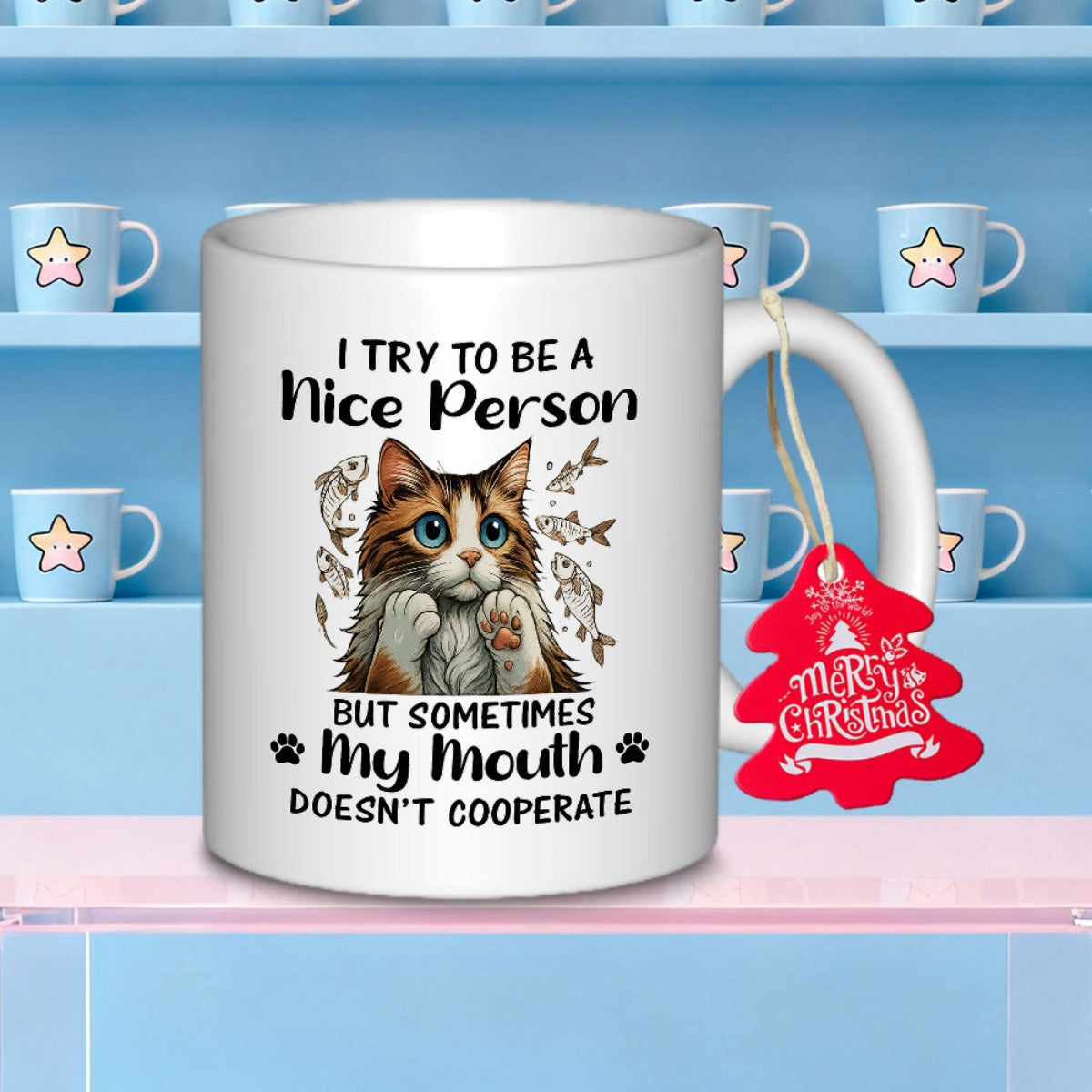 Tailorly White Ceramic 11 oz Mug - I Try To Be A Nice Person But Sometimes My Mouth Doesn't Cooperate Adorable Fluffy Long Haired Feline Surrounded By Tiny Fish