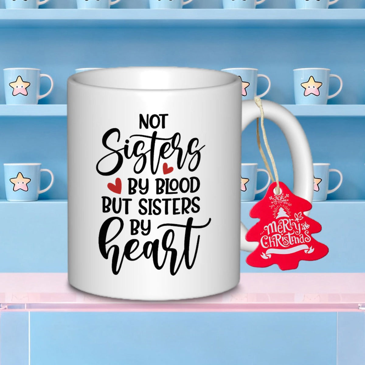 Tailorly White Ceramic 11 oz Mug - Not Sisters By Blood But Sisters By Heart Artistic Script Lettering Featuring Minimalist Small Bright Red Floating Elements