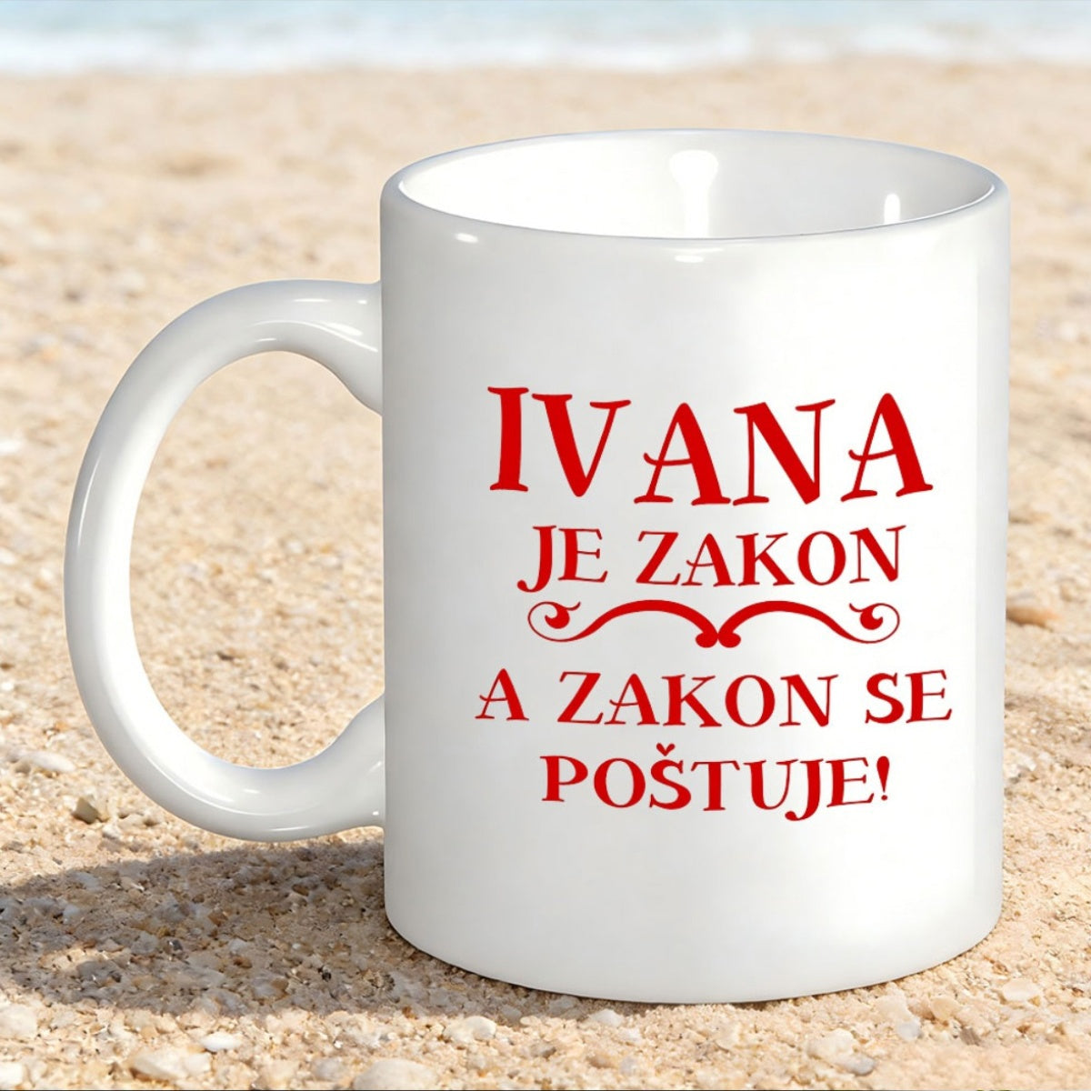 Tailorly White Ceramic 11 oz Mug - Minimalist Red Decorative Text Flourish On A Pristine