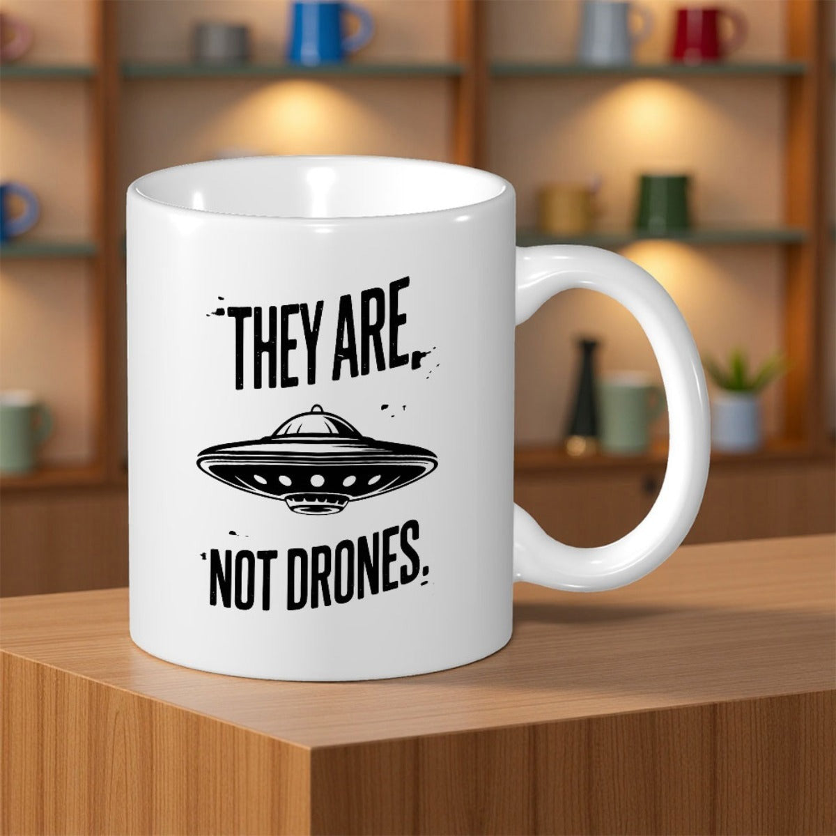 Tailorly White Ceramic 11 oz Mug - They Are Not Drones Minimalist Black Ink Flying Saucer Hovering With Retro Style Spaceship