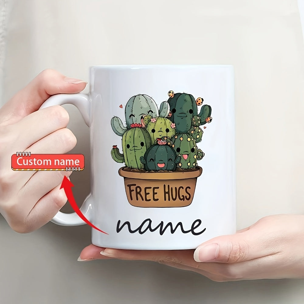 Tailorly White Ceramic 11 oz Mug - Free Hugs Name Cute Cartoon Cacti Cluster Resting Inside A Potted Brown Earthy Vessel Cactus