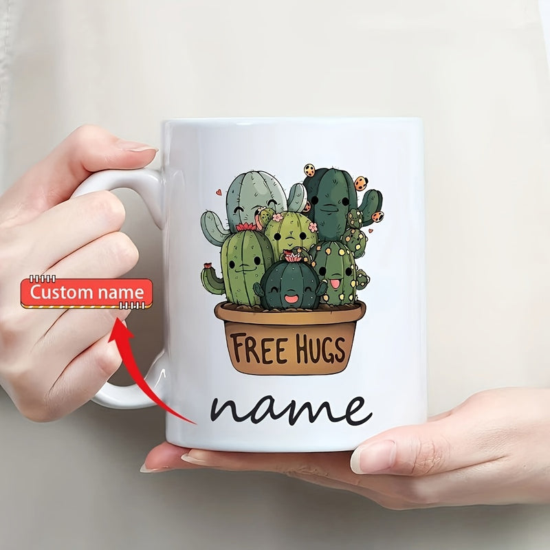 Tailorly White Ceramic 11 oz Mug - Free Hugs Name Cute Cartoon Cacti Cluster Resting Inside A Potted Brown Earthy Vessel Cactus
