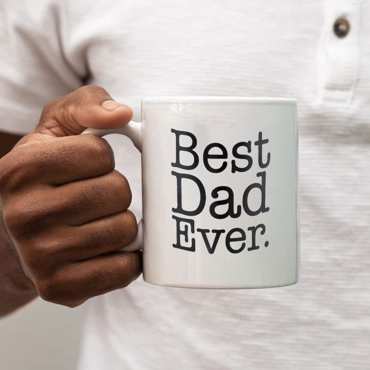 Tailorly White Ceramic 11 oz Mug - Best Dad Ever Sleek Held By Hand Under Natural Light Mug