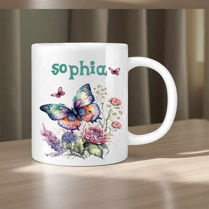 Tailorly White Ceramic 11 oz Mug - Sophia Vibrant Colorful Wings Dancing Among Soft Blooming Garden Petals Butterfly