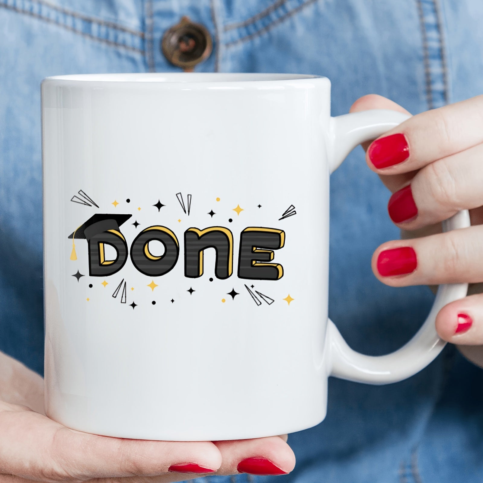 Tailorly White Ceramic 11 oz Mug - Done Celebratory Graduation Cap Resting Upon Stylized Text Among Shimmering Stars Confetti