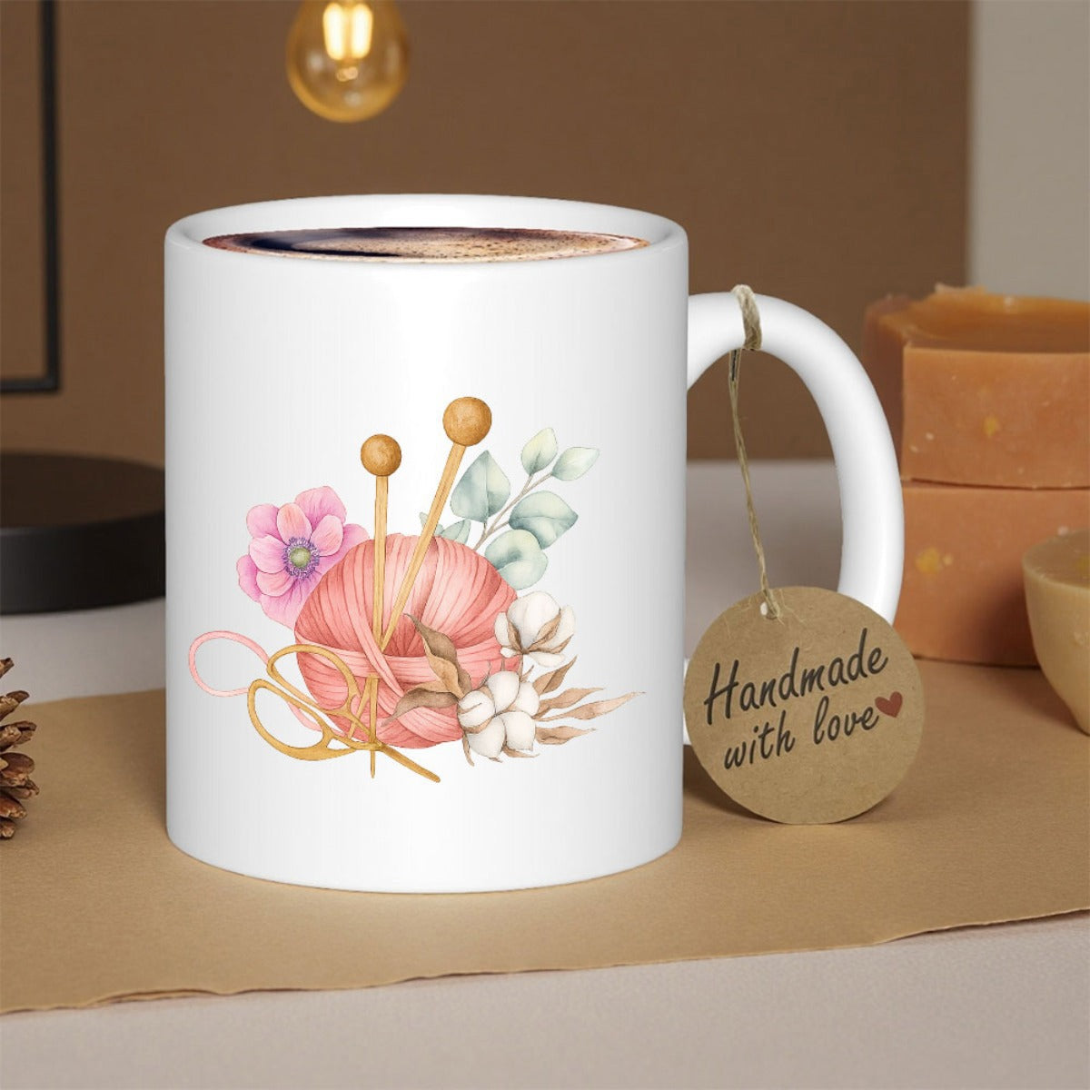 Tailorly White Ceramic 11 oz Mug - Handmade With Love Watercolor Pink Yarn Ball With Knitting Needles And Soft Cotton Flowers Yarn Ball