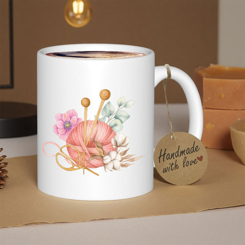 Tailorly White Ceramic 11 oz Mug - Handmade With Love Watercolor Pink Yarn Ball With Knitting Needles And Soft Cotton Flowers Yarn Ball