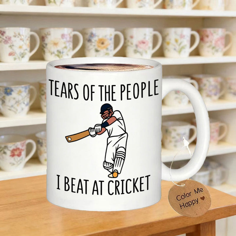 Tailorly White Ceramic 11 oz Mug - Tears Of The People I Beat At Cricket Dynamic Silhouette Swinging A Wooden Bat Wearing Traditional White Uniform Cricketer