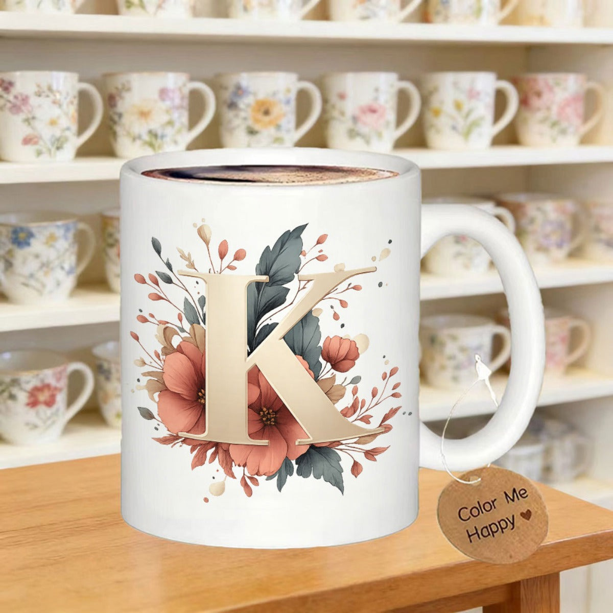 Tailorly White Ceramic 11 oz Mug - Color Me Happy K Elegant Floral Bouquet Behind Soft Peach Watercolor Monogram Letter