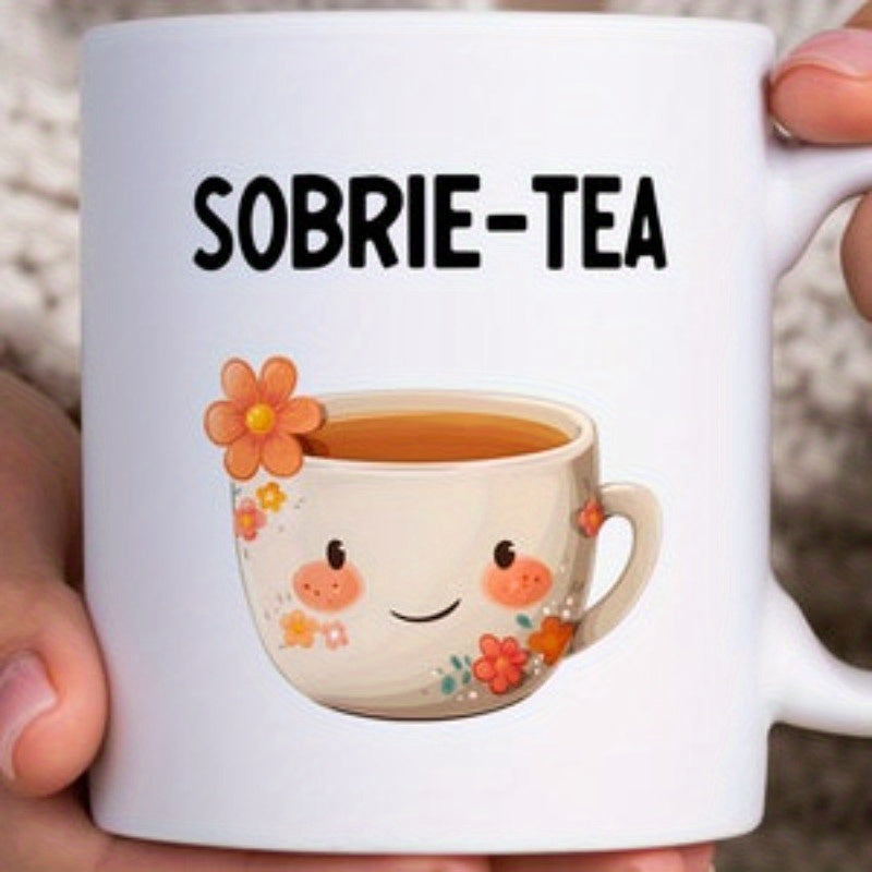 Tailorly White Ceramic 11 oz Mug - Sobrie Tea Cute Cartoon Teacup With Smiling Face And Delicate Orange Floral Decorations Teacup