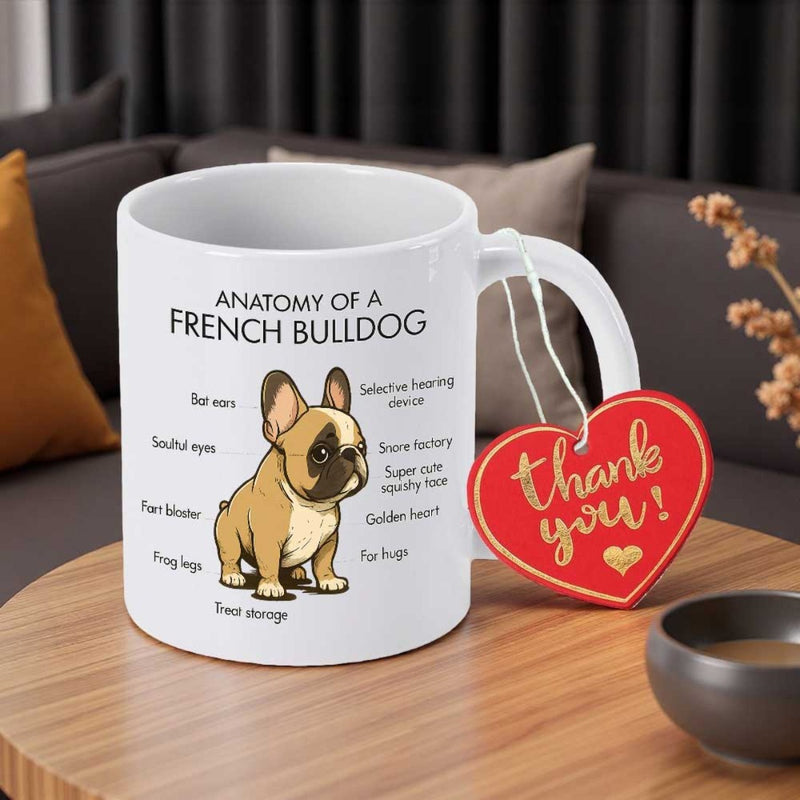 Tailorly White Ceramic 11 oz Mug - Anatomy Of A French Bulldog Adorable Fawn Puppy Surrounded By Humorous Descriptive Text Labels French Bulldog