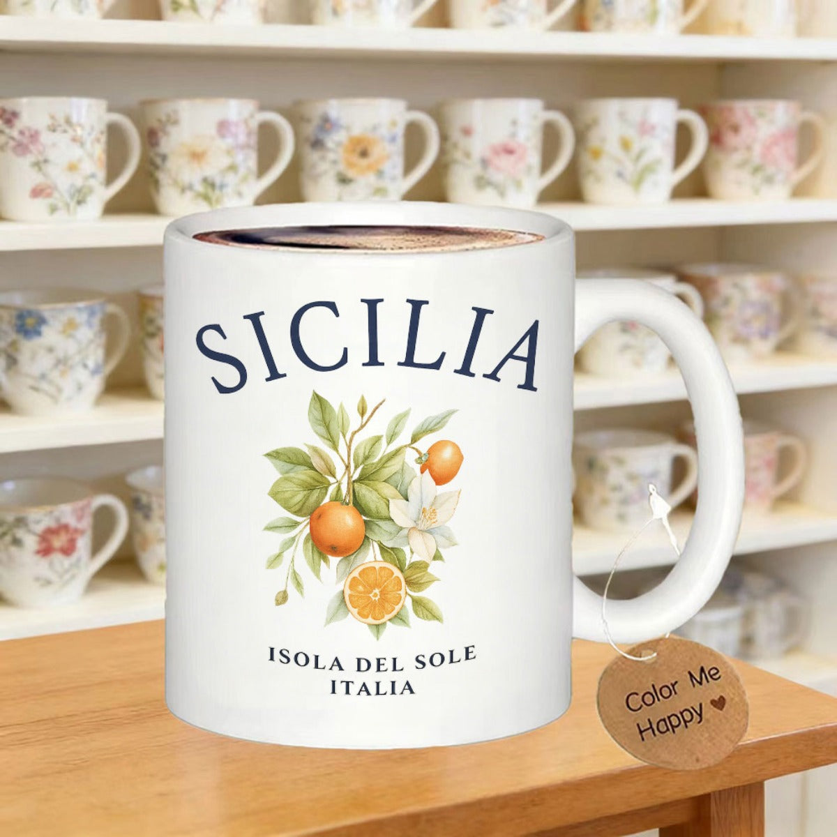 Tailorly White Ceramic 11 oz Mug - Sicilia Italia Vibrant Orange Fruits With Lush Green Leaves And Delicate White Blossoms Citrus