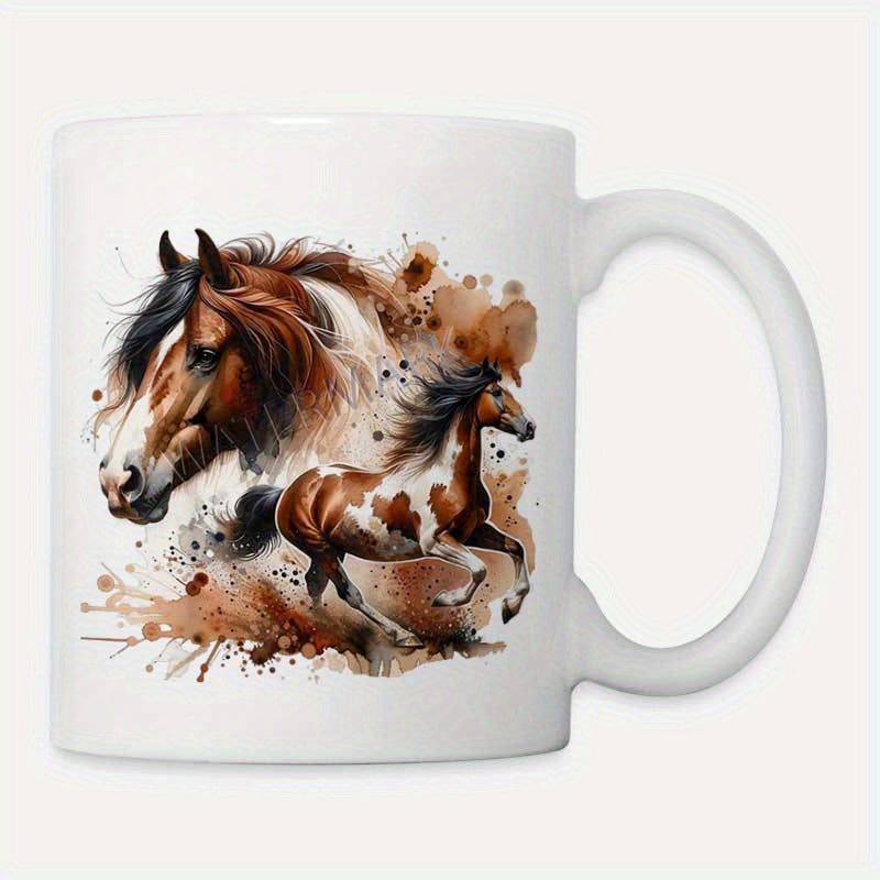 Tailorly White Ceramic 11 oz Mug - Artistic Watercolor Brown Stallion Running With Majestic Splashing Earthy Tones Horse