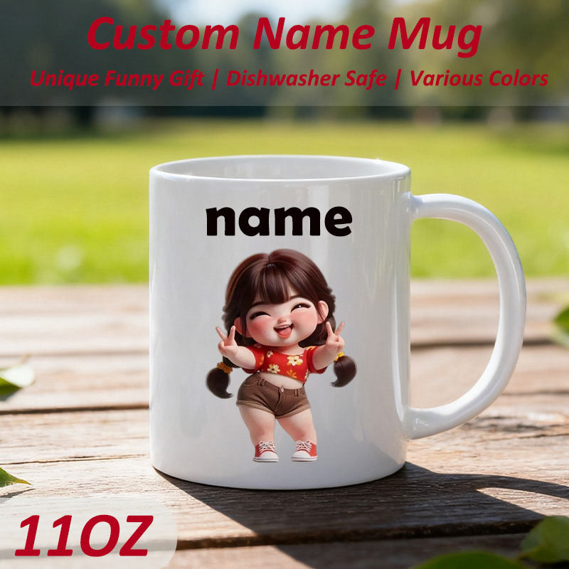 Tailorly White Ceramic 11 oz Mug - Name Adorable Chubby Cartoon Girl With Pigtails Making Peace Signs Mug