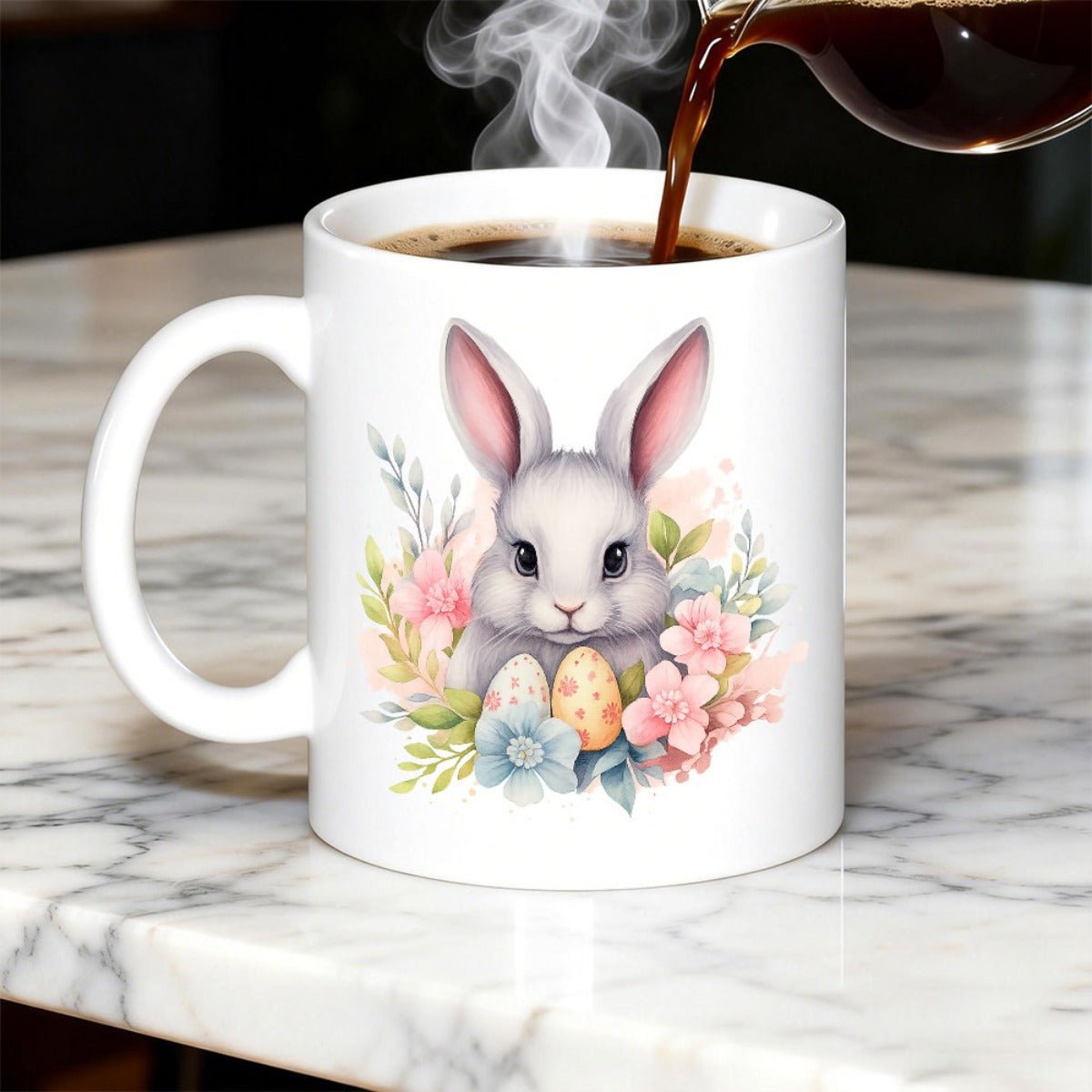 Tailorly White Ceramic 11 oz Mug - Cute Watercolor Bunny With Spring Flowers And Colorful Easter Eggs Rabbit