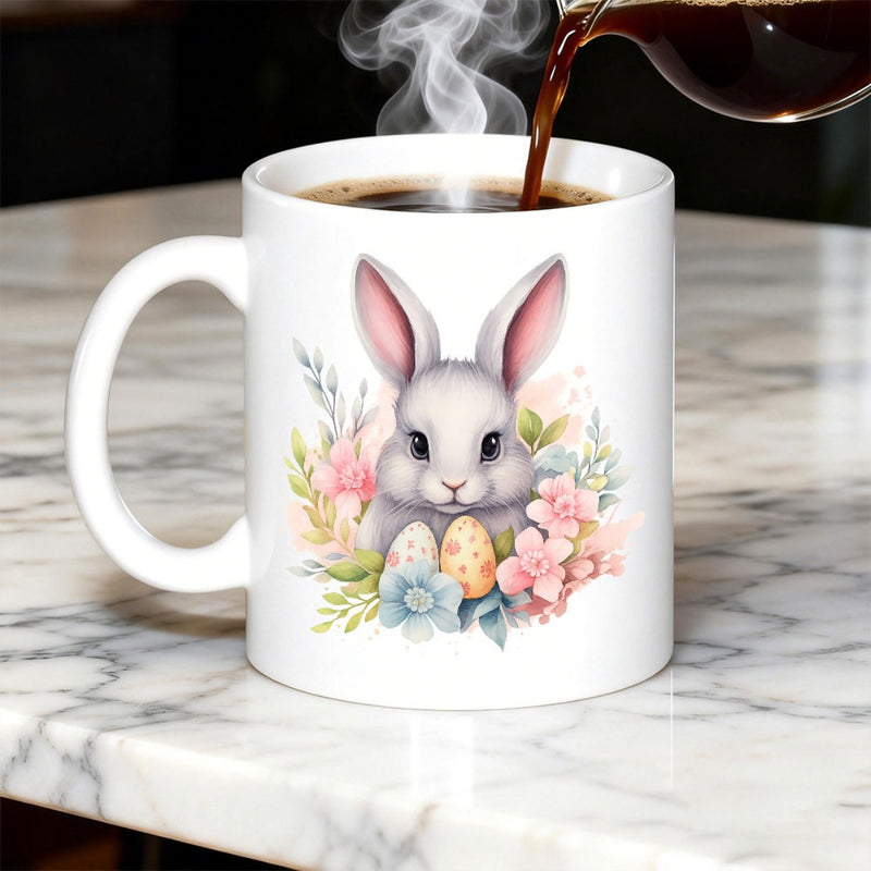 Tailorly White Ceramic 11 oz Mug - Cute Watercolor Bunny With Spring Flowers And Colorful Easter Eggs Rabbit