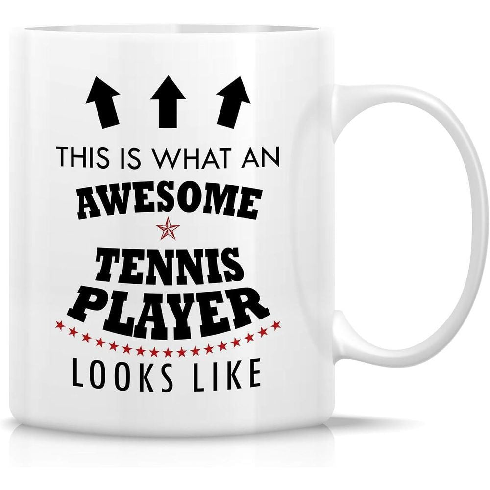Tailorly White Ceramic 11 oz Mug - This Is What An Awesome Tennis Player Looks Like Three Bold Black Arrows Above Small Red Stars Arranged In Curve Tennis Player
