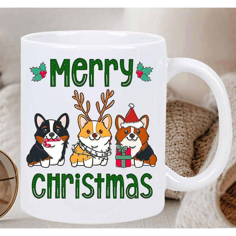 Tailorly White Ceramic 11 oz Mug - Merry Christmas Three Festive Corgi Dogs Wearing Reindeer Antlers And Santa Hats Corgi