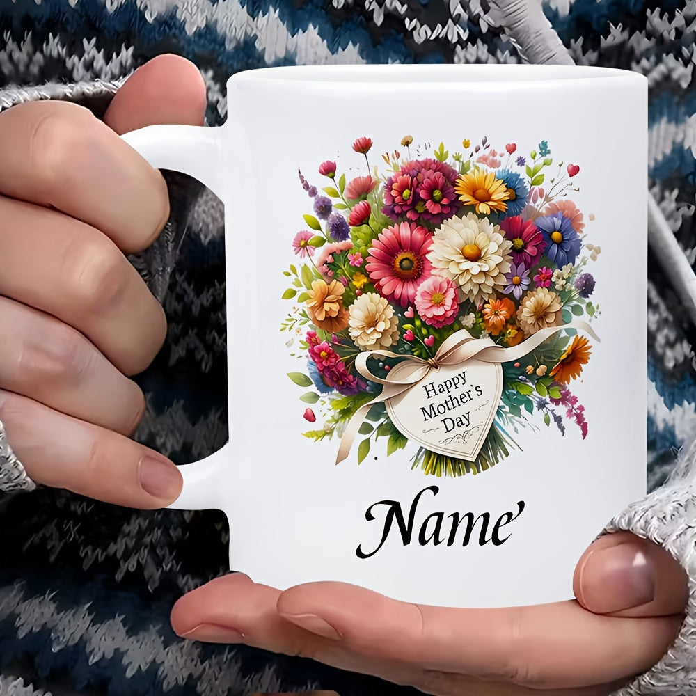 Tailorly White Ceramic 11 oz Mug - Happy Mothers Day Name Vibrant Colorful Petals With Heart Shaped Ribbon Among Elegant Summer Leaves Bouquet