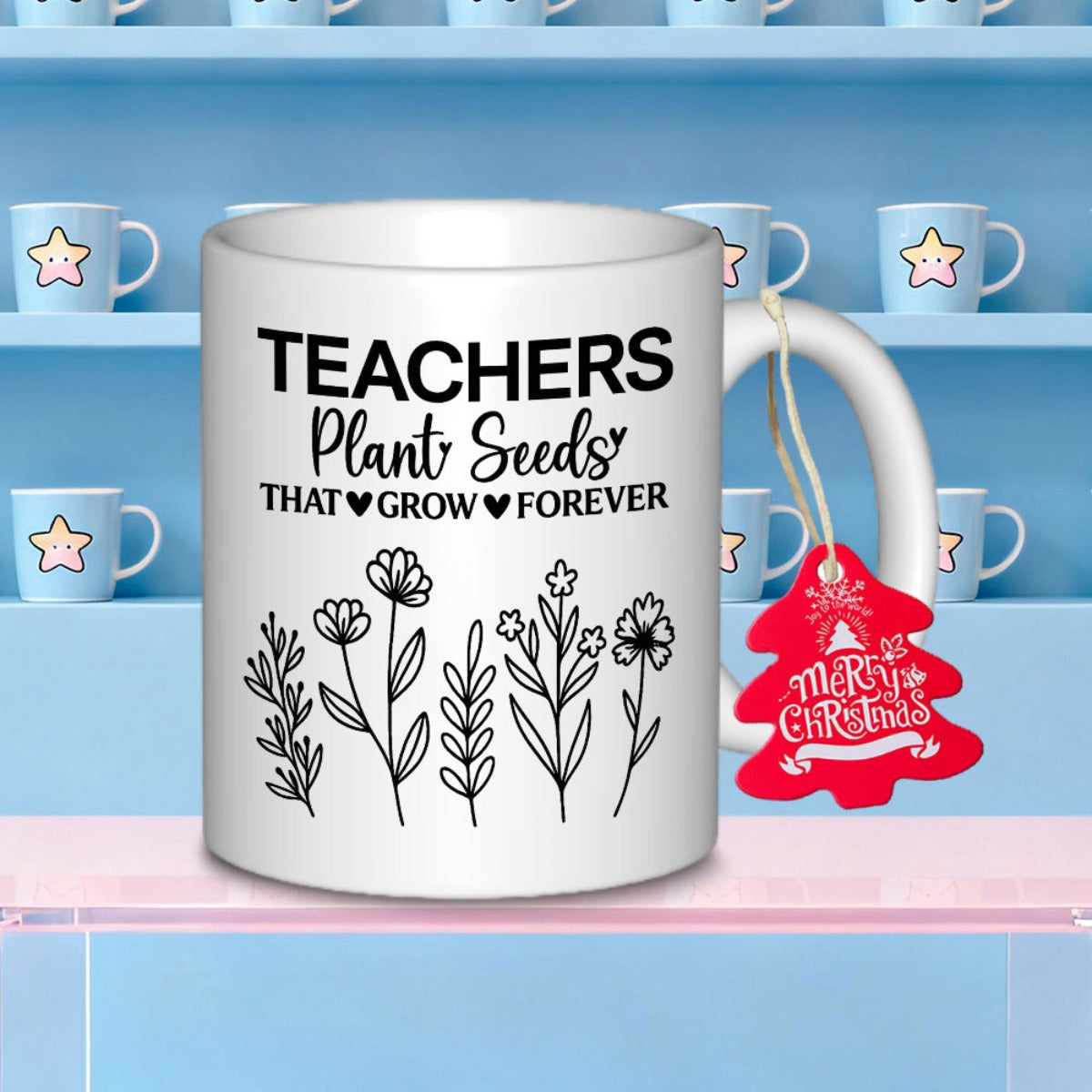 Tailorly White Ceramic 11 oz Mug - Teachers Plant Seeds That Grow Forever Minimalist Black Line Art Flowers Growing Upward Gracefully Among Delicate Stems Flower