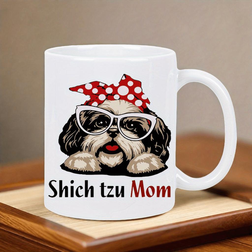 Tailorly White Ceramic 11 oz Mug - Shih Tzu Mom Adorable Fluffy Dog Wearing Stylish Glasses And Red Polka Dot Headband Shih Tzu
