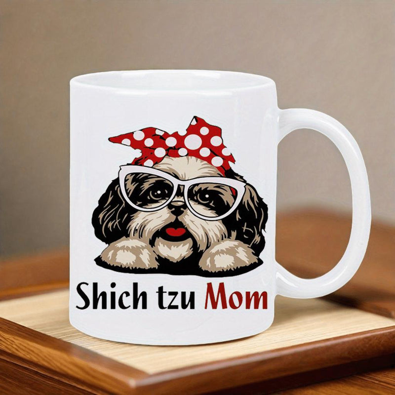 Tailorly White Ceramic 11 oz Mug - Shih Tzu Mom Adorable Fluffy Dog Wearing Stylish Glasses And Red Polka Dot Headband Shih Tzu