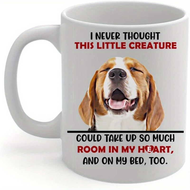 Tailorly White Ceramic 11 oz Mug - I Never Thought This Little Creature Could Take Up So Much Room In My Heart And On My Bed Too Realistic Smiling Brown And White