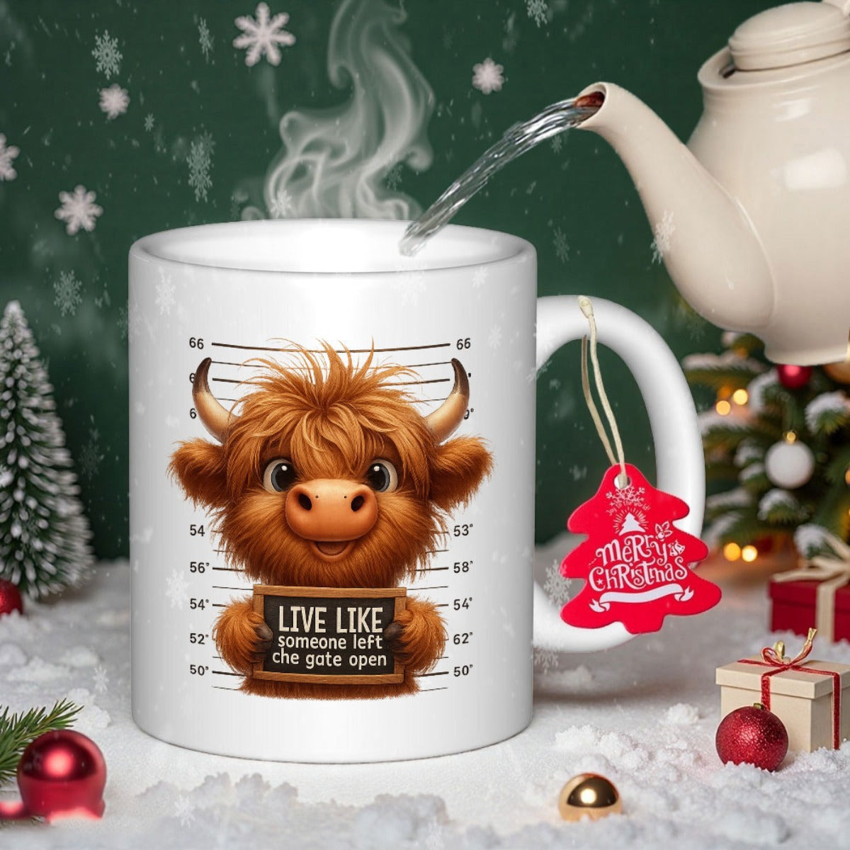 Tailorly White Ceramic 11 oz Mug - Live Like Someone Left The Gate Open Adorable Shaggy Highland Cow Posing For A Funny Police Mugshot Cow