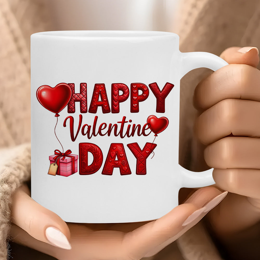 Tailorly White Ceramic 11 oz Mug - Happy Valentine Day Vibrant Red Balloons Shaped Like Hearts Floating Above Gift Heart