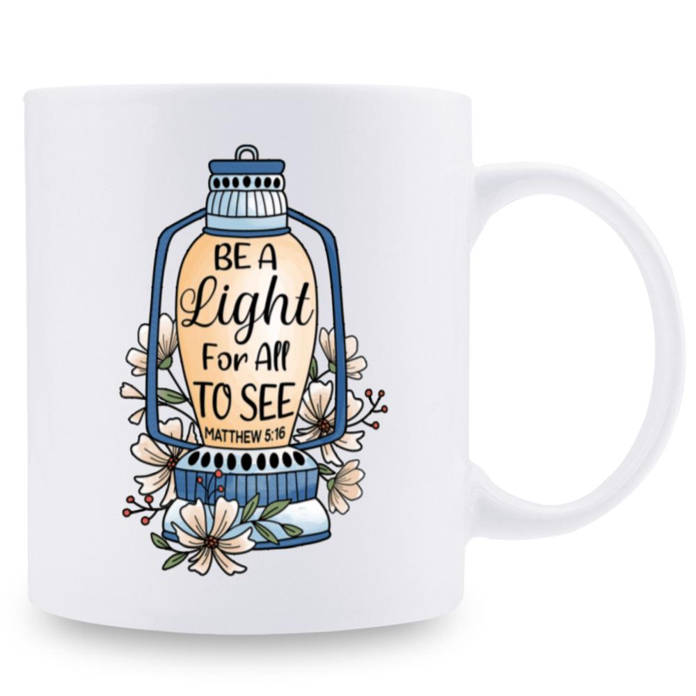 Tailorly White Ceramic 11 oz Mug - Be A Light For All To See Matthew 5 16 Vintage Blue Lamp Surrounded By Delicate Floral Petals And Soft Warm Glow Lantern