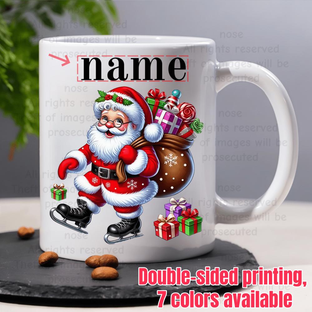 Tailorly White Ceramic 11 oz Mug - Name Jolly Traditional Santa Claus Ice Skating While Carrying Festive Presents Bag Santa Claus