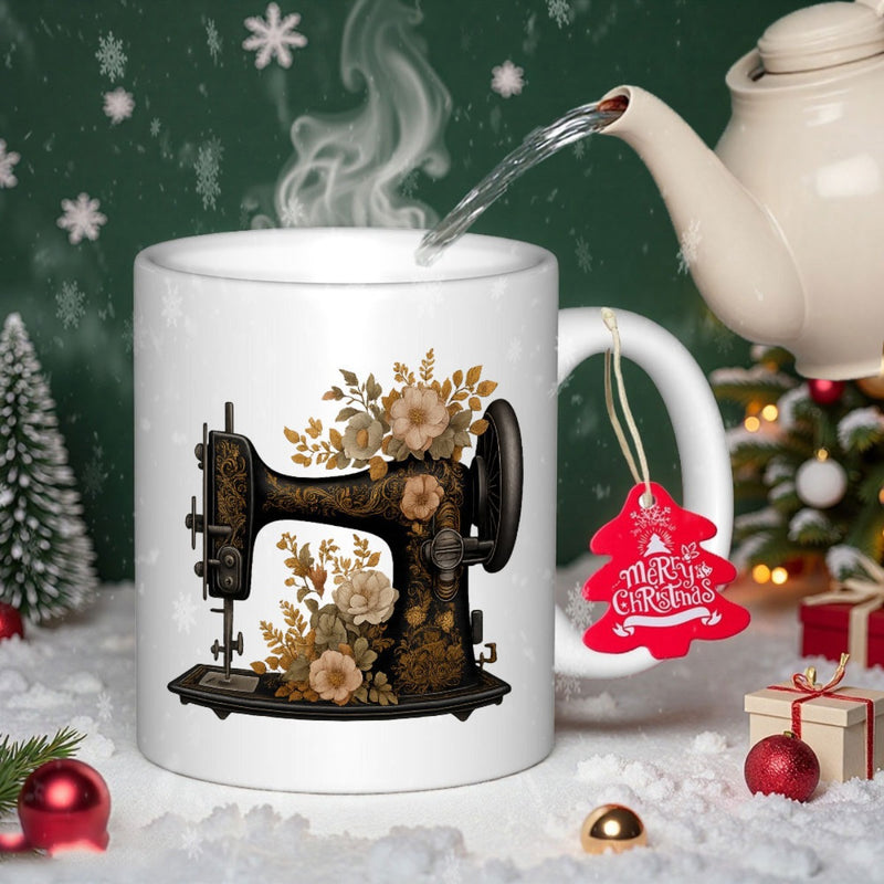 Tailorly White Ceramic 11 oz Mug - Merry Christmas Ornate Vintage Design With Golden Flowers Adorning A Classic Black Sewing Machine