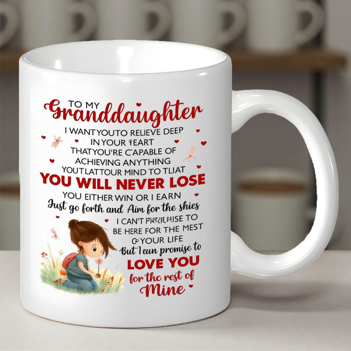 Tailorly White Ceramic 11 oz Mug - To My Granddaughter Sweet Child Kneeling In Lush Green Meadow With Red Hearts Girl