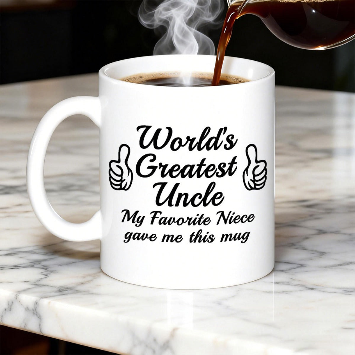 Tailorly White Ceramic 11 oz Mug - Worlds Greatest Uncle My Favorite Niece Gave Me This Mug Simple Minimalist Outlined Thumbs Up Icon Set Against Clean Surface Mug