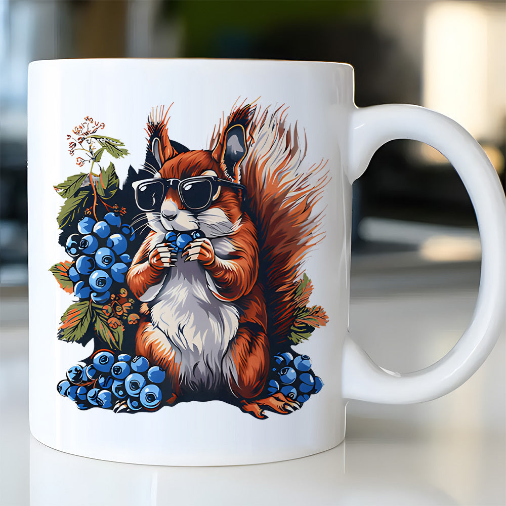 Tailorly White Ceramic 11 oz Mug - Charming Red Squirrel Wearing Dark Sunglasses Eating Fresh Blue Berries Among Leaves Squirrel